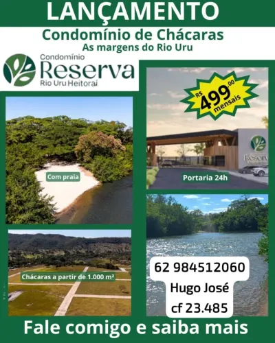 CHÁCARAS NO RIO RESERVA RIO URU HEITORAÍ GO PERTO DE GOIÂNIA 