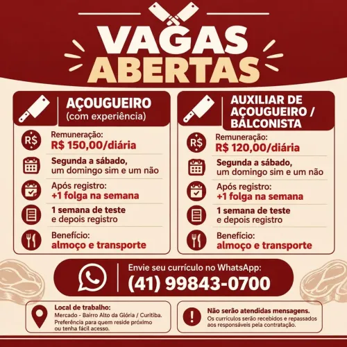 VAGAS PARA AÇOUGUEIRO E AUXILIAR!!!