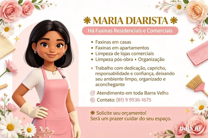 Sou diarista faço em residências e comércios e pós obra e tbm trabalho na área de babá