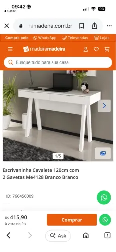 Escrivaninha Cavalete 120cm com 2 Gavetas Me4128 Branco
