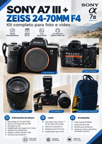 Sony A7 III Full Frame + Lente Sony Zeiss 24-70mm F4 + Flash Sunpak + acessórios