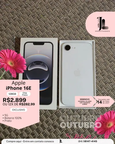 IPHONE 16E, 5G, 128GB, CHIP FÍSICO, BRANCO, SEMINOVO NA GARANTIA, EXCLUSIVO!