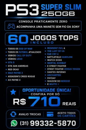 PS3 super slim 250gb com 45 jogos