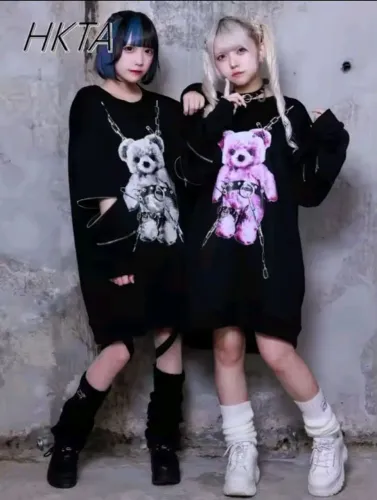 Blusa Jirai Kei Subcul Oversized Teddy Bear Preta 
