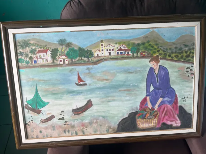 Quadro de pintura em tela com moldura - Paisagem litorânea artesanal