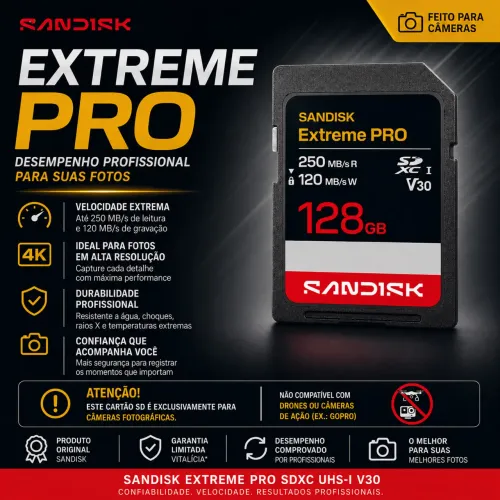 Cartão Sandisk 128GB Extreme PRO SD UHS-I - Leitura de até 250MB/s e Gravação de 120MB/s