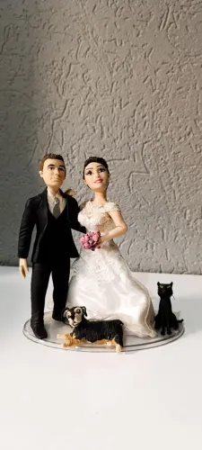 Decoração - casal de noivinhos com cachorro e gato