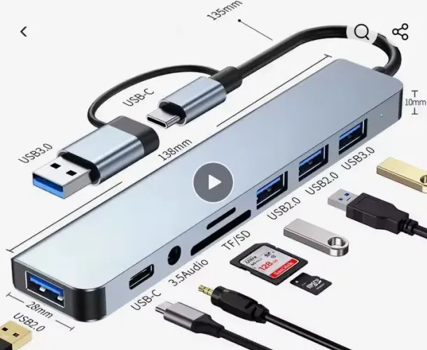 estação de docking HUB 8 em 2 USB + Tipo com Adaptador de Jack de Áudio de 3,5mm e etc.