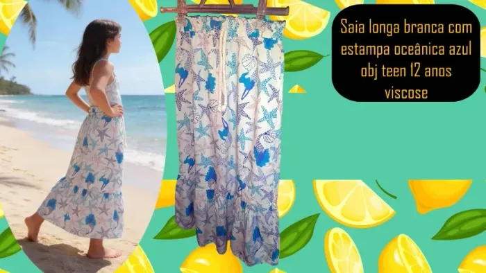 Saia longa branca com estampa oceânica azul obj teen 12 anos viscose