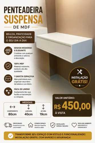 ? Penteadeira Suspensa de MDF Moderna + Instalação Grátis!
