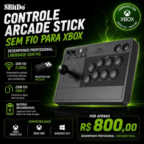 Controle Arcade Stick Sem Fio 8BitDo para Xbox, Preto