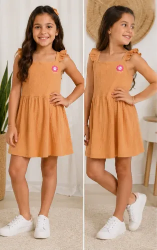 Vestido Godê Texturizado Amarelo Escuro, MALWEE KIDS, Tamanho 8