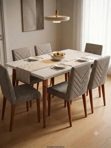Mesa de Jantar Off-White 1,60m x 0,90m + 6 Cadeiras Estofadas