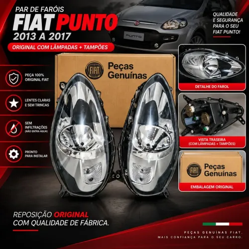 Par Farol Fiat Punto 2013 A 2017 Original Com Lâmpadas + Tampões