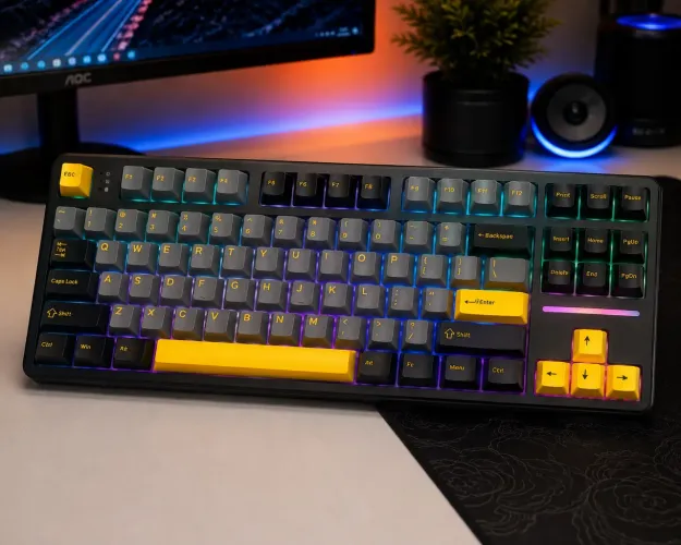 Teclado Mecânico X87 ?Tri-Mode (2.4G / Bluetooth / USB-C), Hot-Swap, Keycaps PBT e RGB