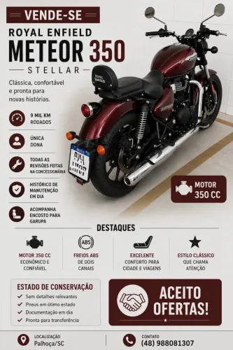 Royal Enfield Meteor 350 Vermelha | Única Dona | 9.000 km