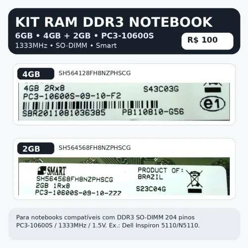 Kit Memória RAM Notebook DDR3 6GB Smart ? 4GB + 2GB PC3 -1333MHz 5110/N5110 e compatíveis