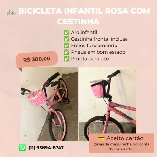 BICICLETA INFANTIL ROSA COM CESTINHA