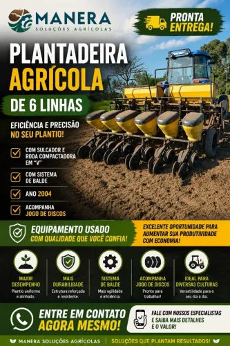 Plantadeira Agricola de 6 Linhas, Ano 2004, Sistema Balde, Com Sulcador, Acompanha Discos