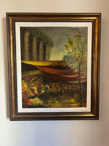 Óleo sobre tela com moldura elegante dourada