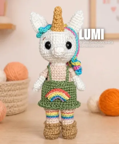 Unicórnio Arco-íris Cavalo Amigurumi Artesanal Feito à Mão Maternidade Boneca Jardineira