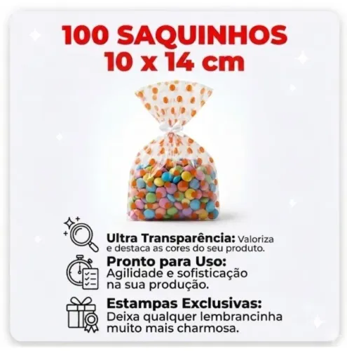 100 Saquinhos 10 Cm X 14 Cm Celofane Incolor Decorado Poli