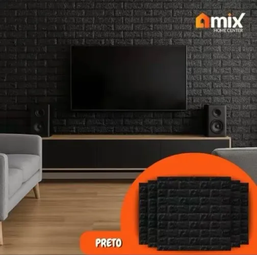 Kit Placa tijolinho auto adesiva 3D papel de parede 77x70 decoração efeito tijolo preto.
