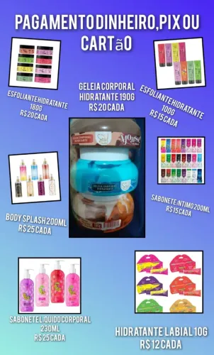 Produtos de cosméticos: Hidratante labial, Esfoliante, Geleia corporal produtos.