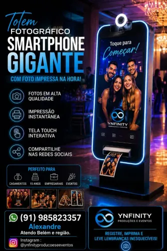 Totem fotográfico smartphone gigante com foto impressa na ; alugue agora mesmo