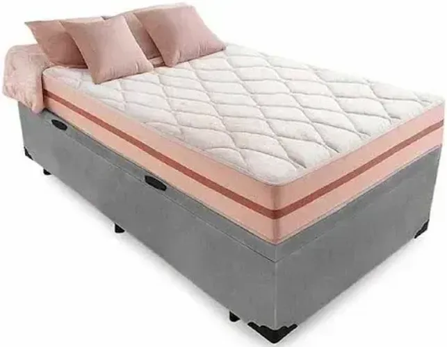 Colchão Solteiro Rosa D20 + Cama Base Baú Cinza Solteiro