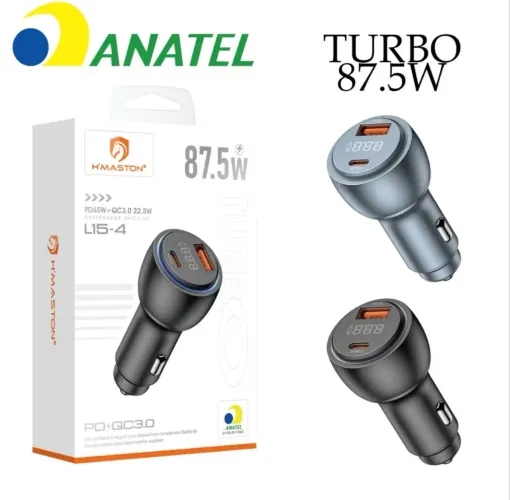 Carregador Veicular 87.5W Turbo USB e Tipo c