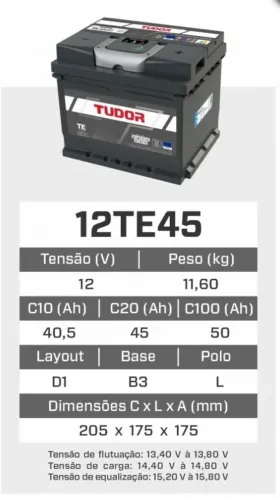 Bateria Estacionária, 12 Volts, 50ah(C100)/45ah(C20) Marca Tudor 