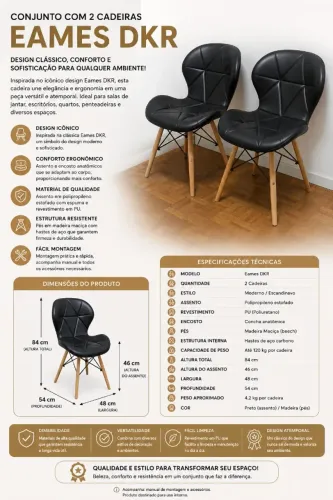 Par de Cadeiras Estofadas Estilo Eames - Pretas com Pés em Madeira