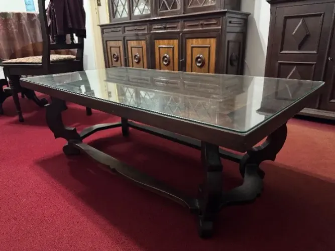 Mesa de Centro Madeira Maciça com Tampo de Vidro - Estilo Clássico