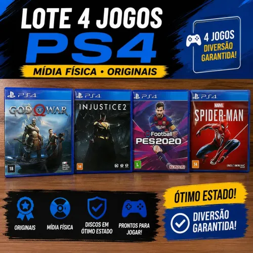 Lote 4 Jogos PS4 Originais - God of War, Spider-Man, PES 2020 e Injustice 2