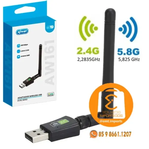 Adaptador Wi-fi com Antena USB 600Mbps 2.4 e 5.8G 2dBi Knup KP-AW161