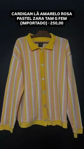 Cardigan de Lã Zara Importado Listrado Amarelo e Rosa Pastel - Tam G Fem