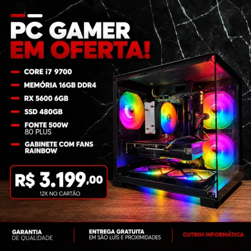 PC GAMER CORE I7 9700/ 16GB DDR4/ RX 5600 6GB/ SSD 480GB. 2X NO CARTAO (CUTRIM INFORMATICA