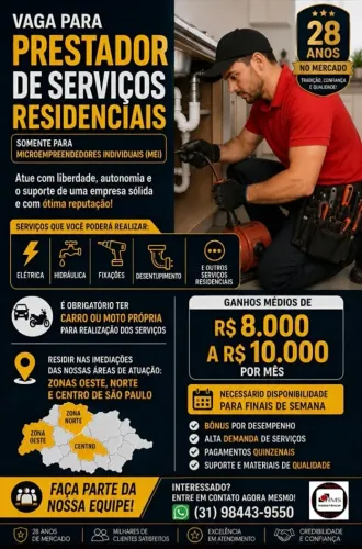 Vaga p/ Prestador de Serviços: Fixações, Hidráulica e Elétrica - Ganhos até R$ 10k