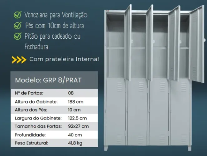 Armário de Aço 08 Portas - Roupeiro de Aço com Divisão - GRP8/PRAT