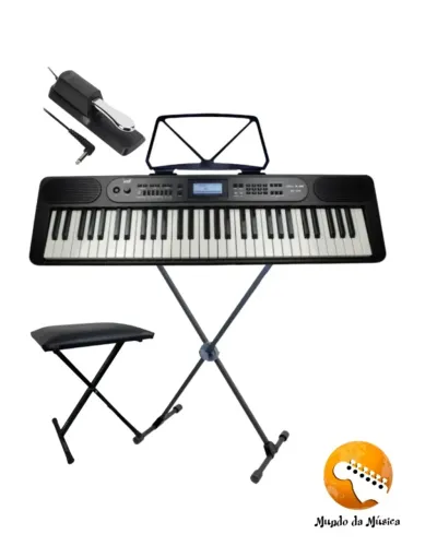 KIT-Teclado 61 Teclas Sensitivas Bluetooth + Suporte Em X + Pedal Sustain + Banqueta