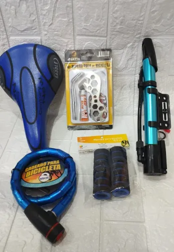 Kit para sua bicicleta : selim, manopla, kit remendo, cadeado e bomba