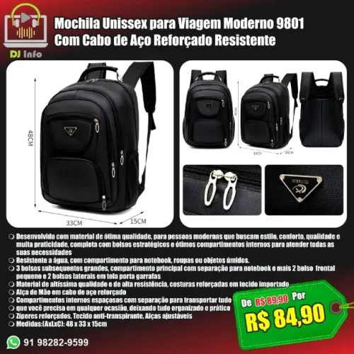 Mochila Unissex para Viagem Moderno 9801 Com Cabo de Aço Reforçado Resistente
