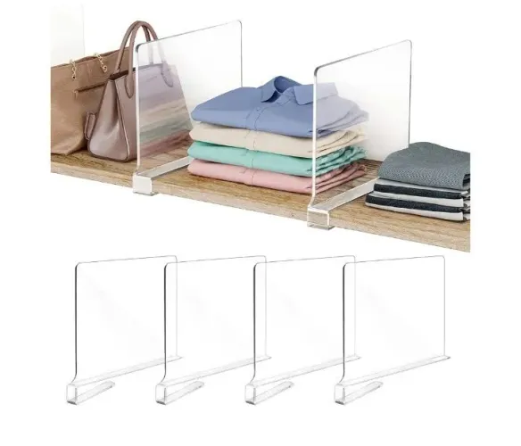 Kit com 4 divisórias de prateleiras de acrílico transparente.