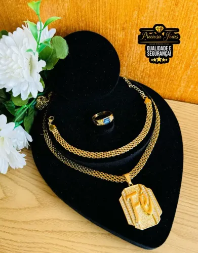 Conjunto de Cordão Esteira Dourado banhado a ouro 18k