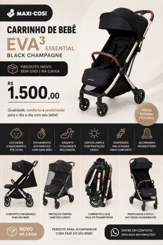 Carrinho de bebê Eva³ Essential Black Champagne - Maxi-Cosi