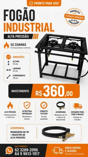 ?Fogão Industrial Alta Pressão 2 Bocas Com Mangueira E Registro