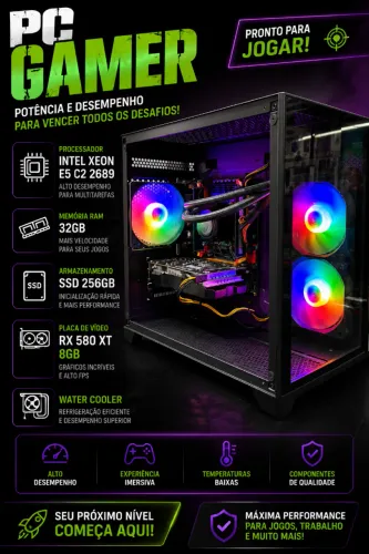 Pc Gamer Intel Xeon E5 C2 2689 32GB, 256gb Ssd, Rx 580 XT / Water Cooler/ Gabinete Aquário