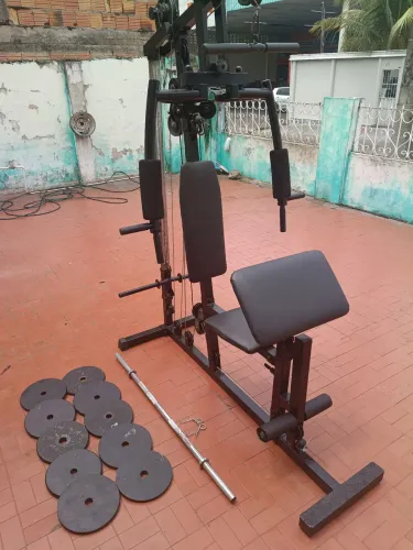 Kit musculação máquina multifuncional anilhas e barras maciça