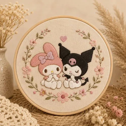Quadro bordado My Melody e Kuromi em bastidor 14cm